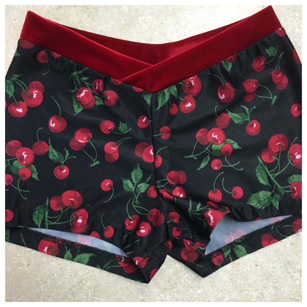 Cherry Print on Black Booty Shorts with Velvet Waistband – Tracy Bachman  Designs